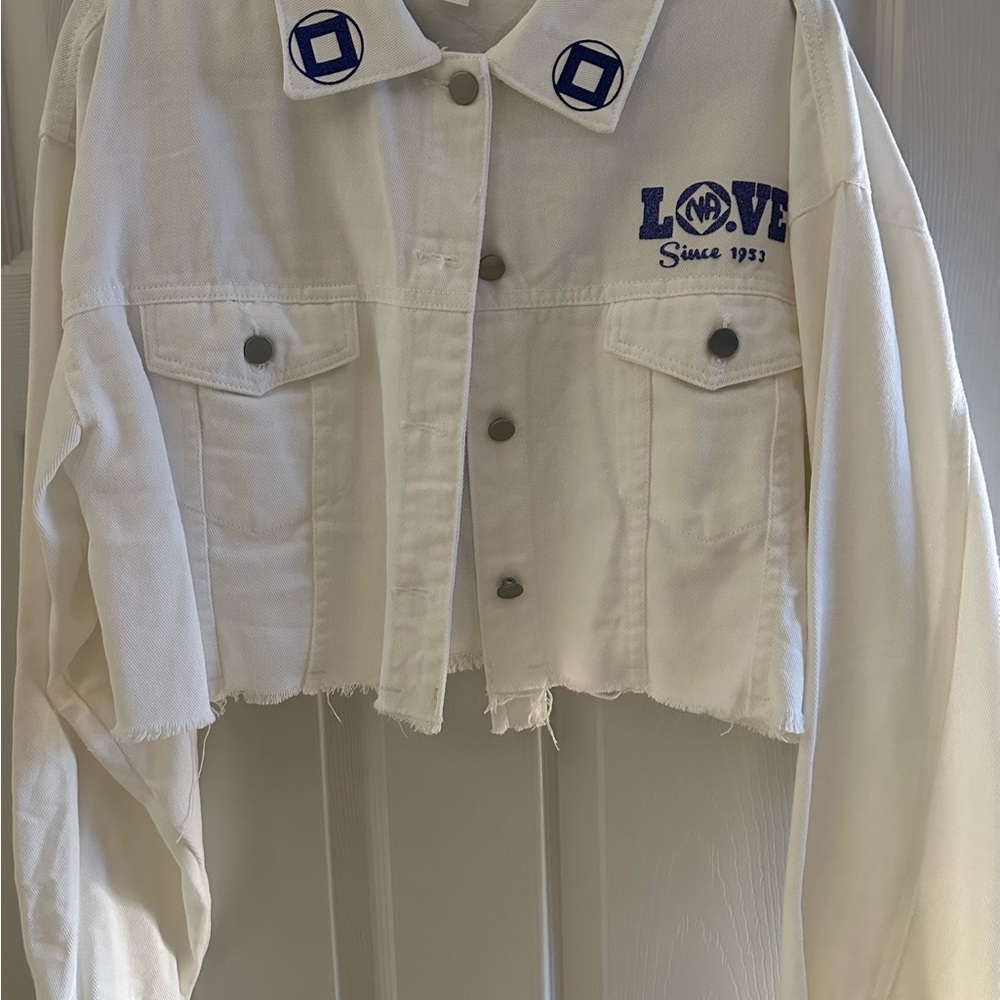 White Cropped narcotic anonymous Jacket with Blue Embroidery.